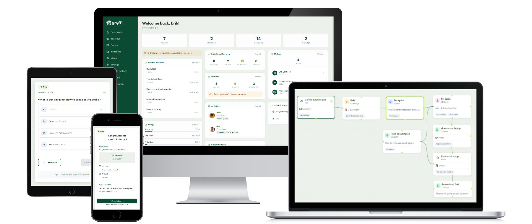 Gryffi running on laptop, tablet, phone, and desktop