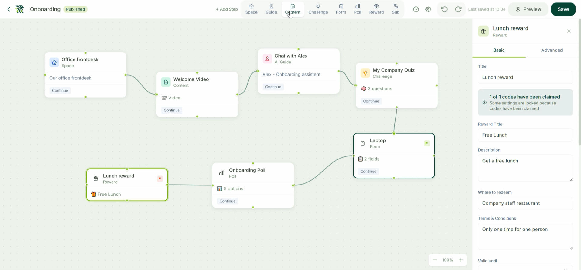 Gryffi journey builder interface: drag-and-drop workflow with connected onboarding steps including space, video, quiz, form, poll, and reward