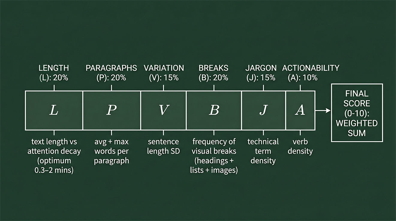 Diagram of the Finish Score formula: a weighted sum of six signals (Length 20%, Paragraphs 20%, Variation 15%, Breaks 20%, Jargon 15%, Actionability 10%) producing a final score from 0 to 10.